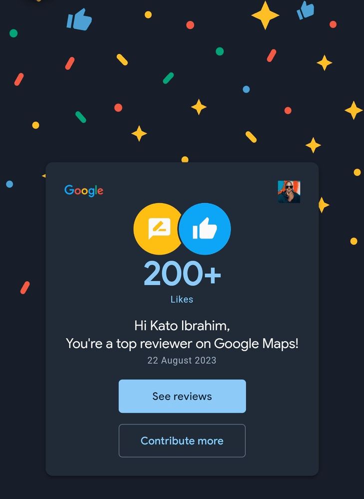 An illustration of an achievement card sent to Local Guide Kato Ibrahim with a background of stars, dots and dashes in the colours of Google.