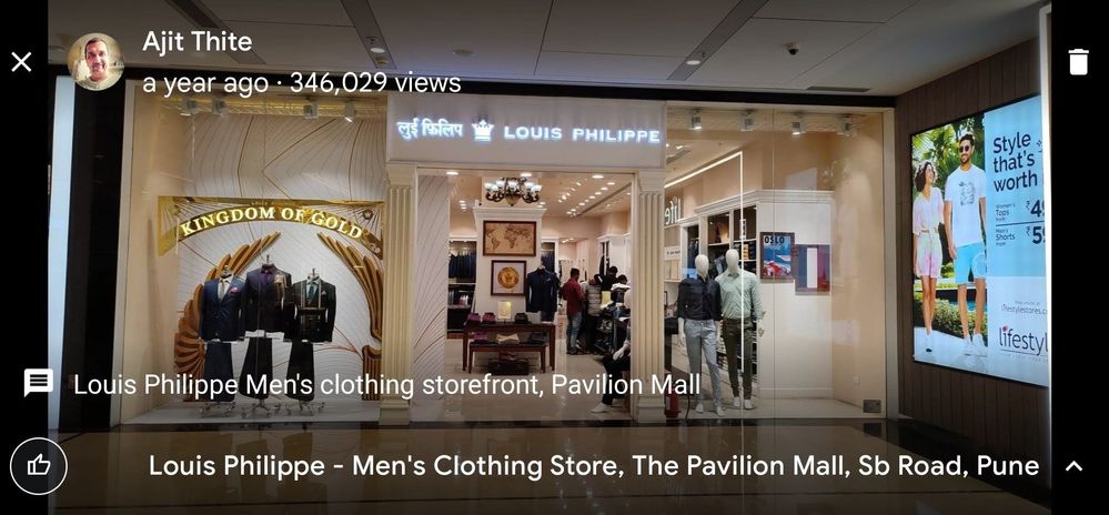 Caption: @ajitthite's Star Photo of Louis Philippe Men's Clothing Store uploaded onto Google Maps on 2023-05-09 and showing star views of 346,029 as at 2023-08-28