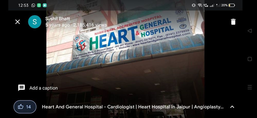 Star photo by @SushilBhatt of Heart and General Hospital - Cardiologist Jaipur uploaded onto Google Maps on 15 April 2018 and showing star views of 2185416 as of 1 September 2023.