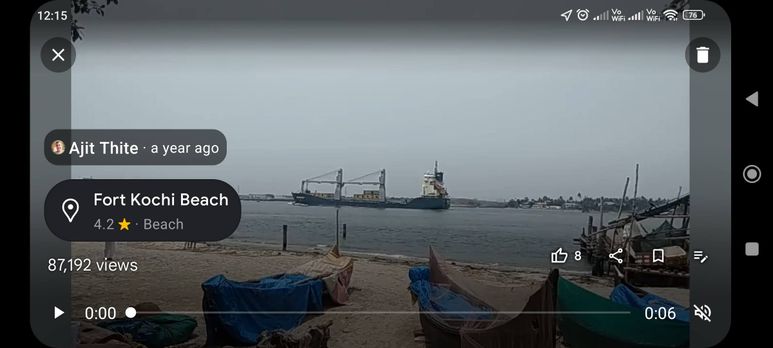 Caption: Star video by @ajitthite of Fort Kochi Beach uploaded onto Google Maps on 2022-19-03 and showing star views of 87,192 as at 2023-21-09