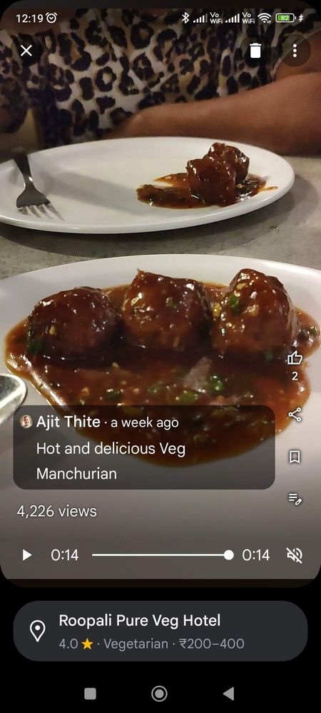 Caption: @ajitthite's Star Video of Veg Manchurian served at Rupali Veg Hotel, uploaded onto Google Maps on 2023-10-08 and showing star views of 4226 as at 2023-10-20