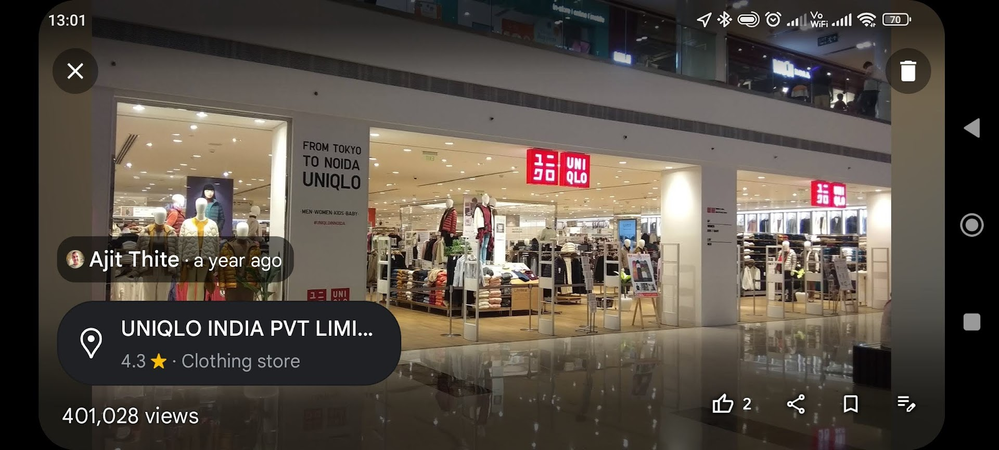 Caption: @ajitthite's Star Photo of UNIQLO INDIA PVT LTD store uploaded onto Google Maps on 2021-11-06 and showing star views of 401,028 as at 2023-10-30