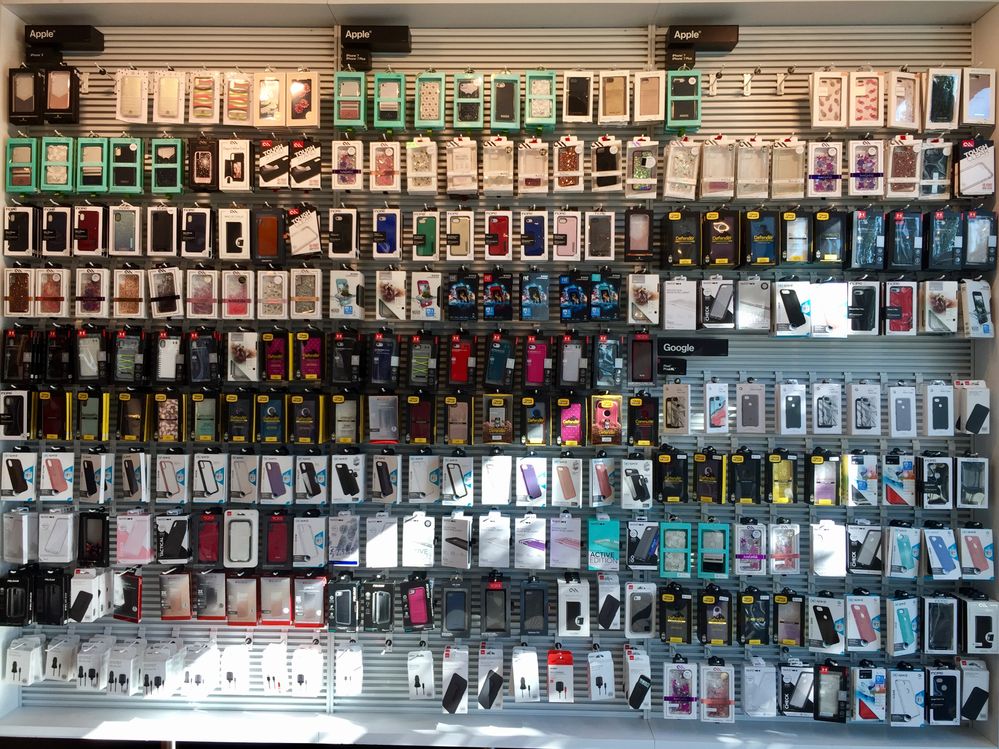 Wall of smartphone accessories for sale