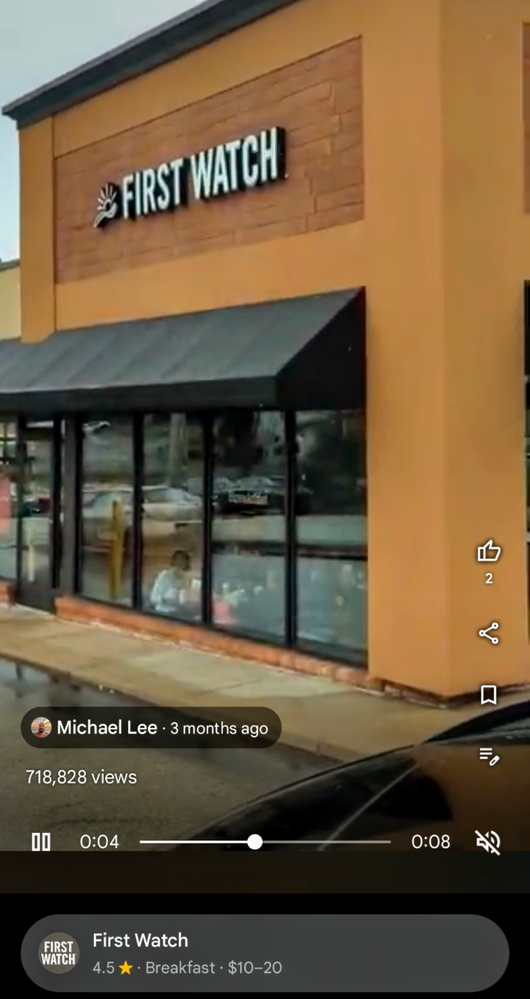 Caption: @Mikeinthefalls's Star Video of First Watch uploaded onto Google Maps on 2023-09-20 and showing star views of 718,828 as at 2023-12-28