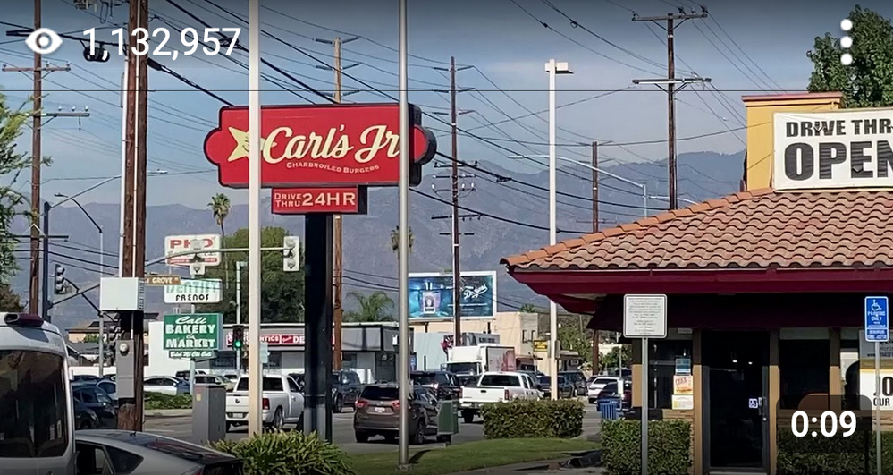 Caption: @MattGatlin's Star Video of Carl's Jr. uploaded onto Google Maps on 2022-11-18 and showing star views of 1132957 as at 2023-12-30