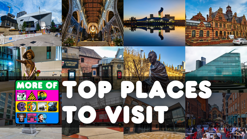 Caption: The words More of Madchester; Top Places to Visit, superimposed  on a selection of photos representing the post.