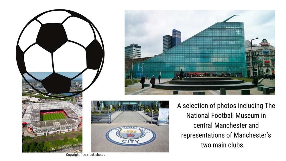 Caption: A picture of  The National Football Museum in central Manchester, alongside copyright free stock representations of Manchester's two main football clubs.