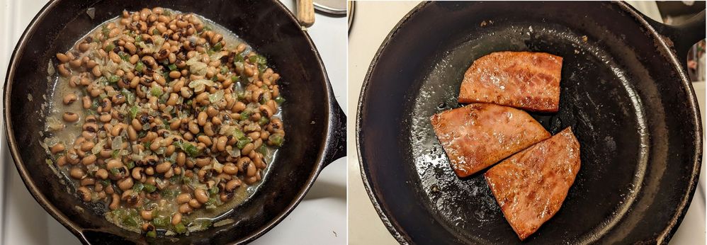 Caption: Onions, green  pepper, Black-eyed peas simmering on left; golden brown ham steak on right