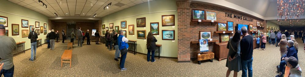 Panorama of the Bob Ross exhibit at the Mims Gallery
