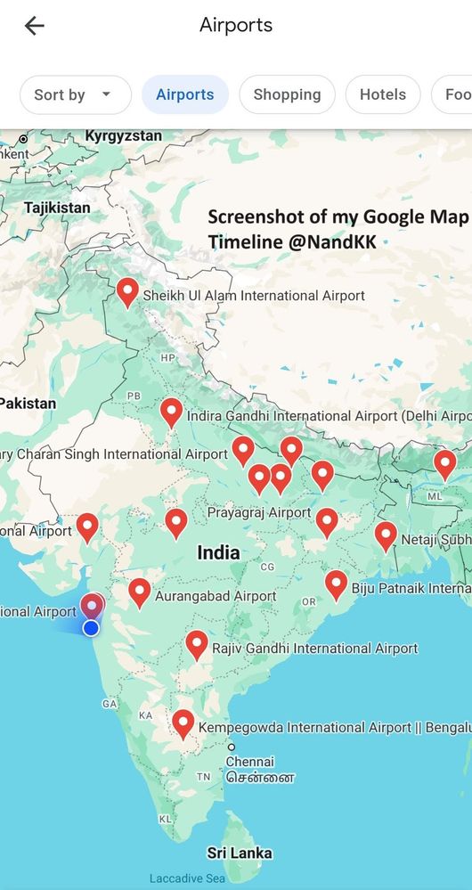 Screenshot taken from a smartphone of Google Map Timeline showing the airports visited by a Level 10 local guide @NandKK