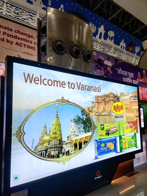A signboard  in the premises of varanasi airport showing welcome to varanasi message
