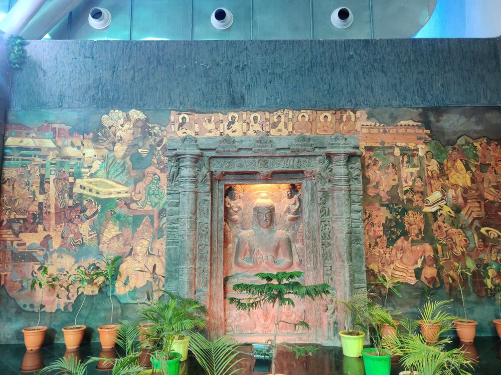 Statues of buddha and Hindu God inside the premises of aurangabad airport replicating the statues at Ajanta & Ellora caves