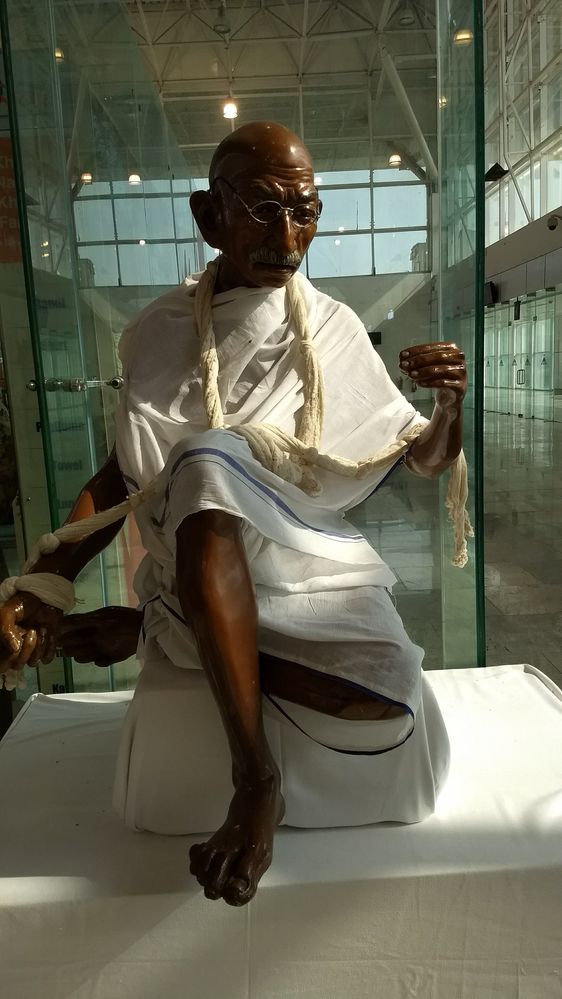 A statue of  freedom fighter Gandhiji inside the premises of Ranchi Airport giving message to use indegenous Khaadi clothes