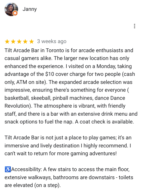 Caption: A screenshot of @Janny1’s review of the Tilt Arcade Bar.