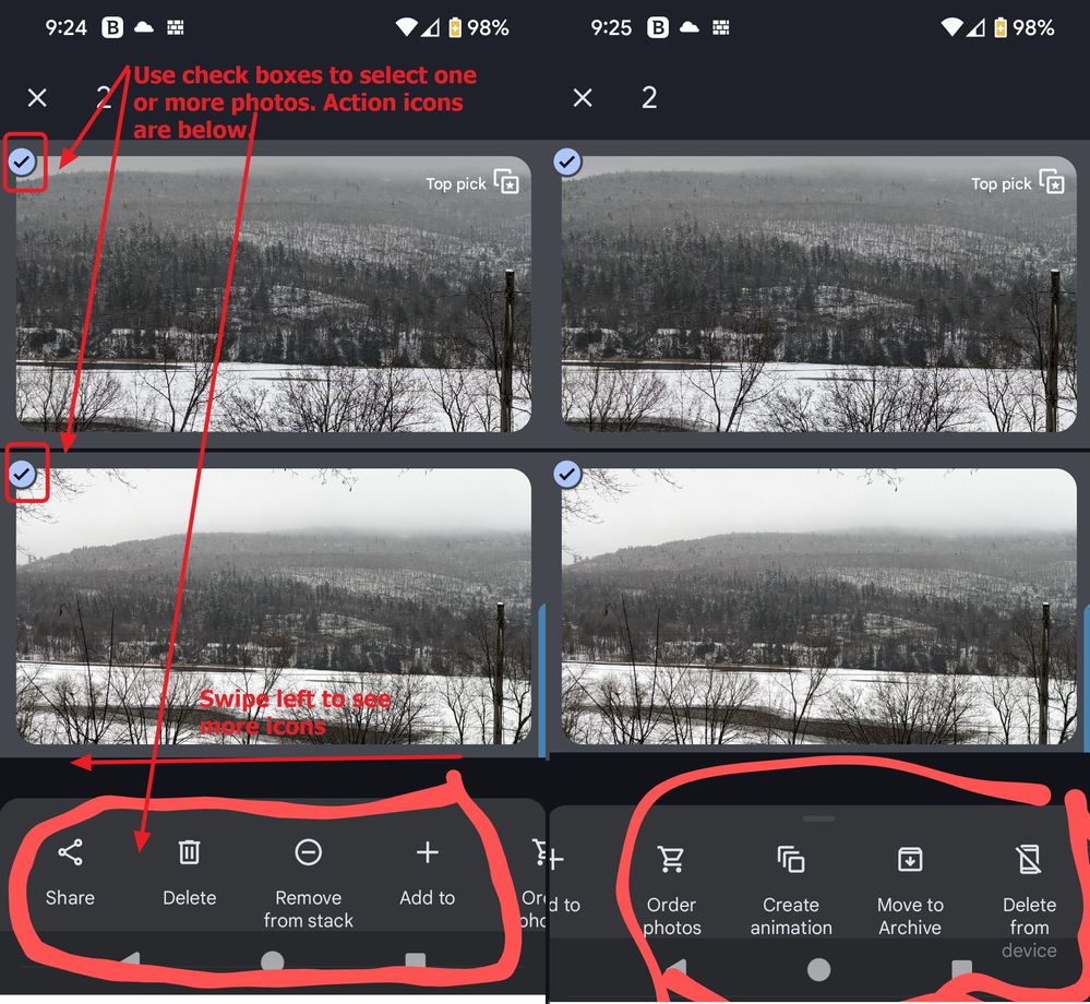 Caption: Combined screenshots. On the left is the screen you see after clicking the grid icon. Photos have checkboxes for selecting them and there are icons for actions you can take. The right side shows the action icons that are available if you swipe left.
