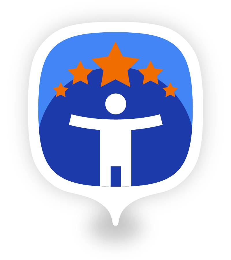 Caption: An illustration of the new Accessibility Champion badge showing a white silhouette with open arms in a blue pin with five orange stars above its head.