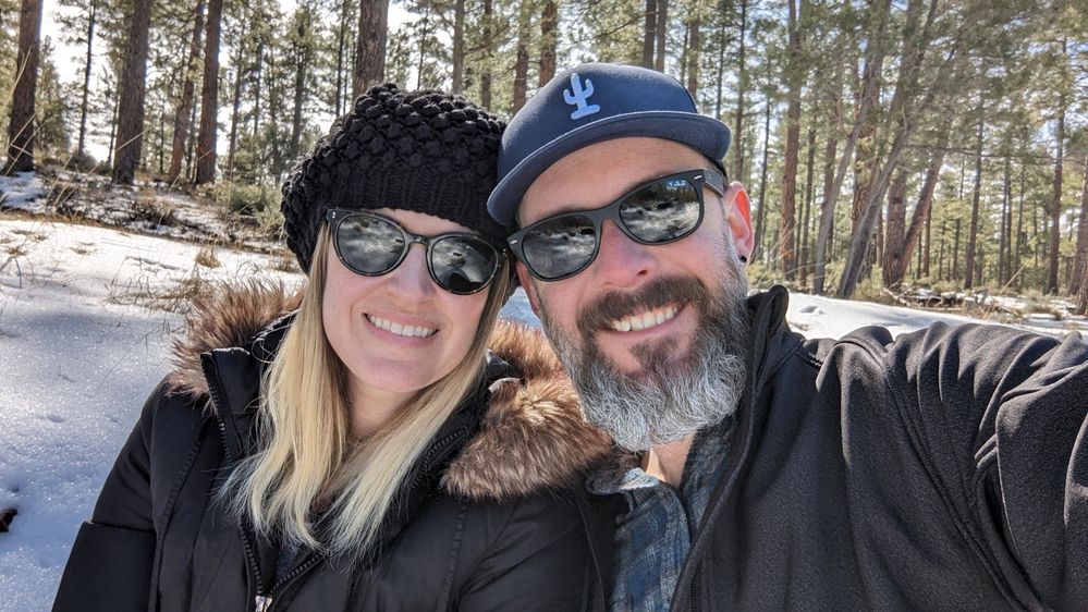 Caption: A selfie of Local Guide Jake and his wife smiling in the snow during a trip to the town of Strawberry, Arizona. (Courtesy of Local Guide @JustJake)