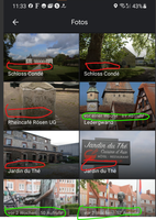 My Photos in Android app with (green) and without (red) date and view count.