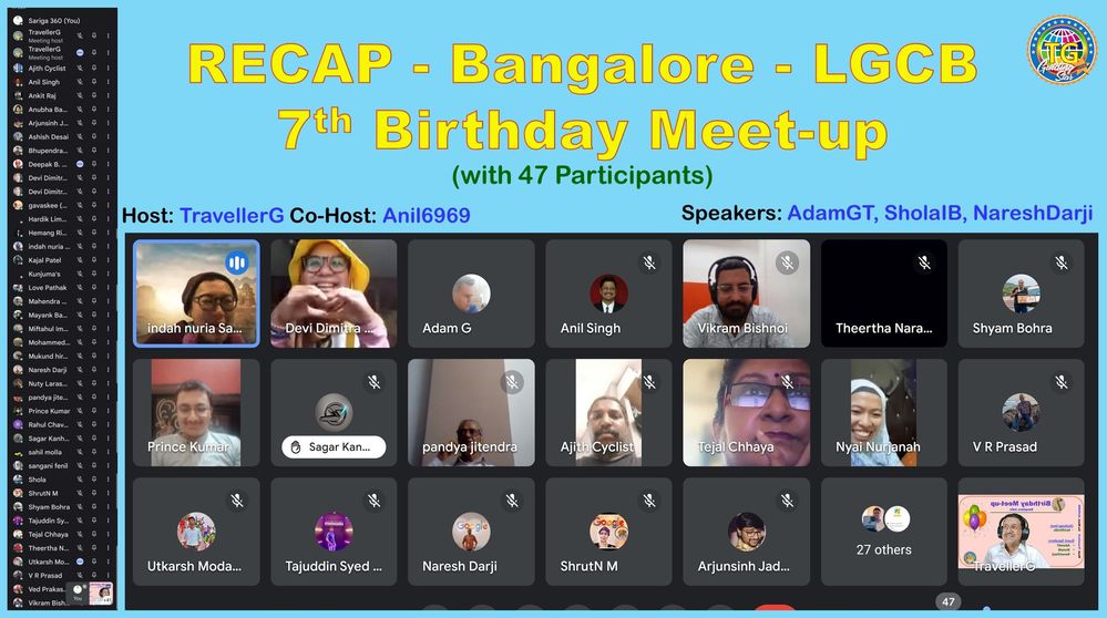 Caption: A collage of screenshots showing the participants in the virtual “Bangalore 7th Local Guides Connect Birthday” meet-up, with host @TravellerG, co-host @Anil6969, and guest speakers @AdamGT, @SholaIB, and @NareshDarji. (Courtesy of Local Guide @TravellerG)