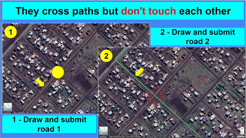 Caption: The image shows two Google Maps editor screens explaining the addition of two overlapping roads that do not intersect