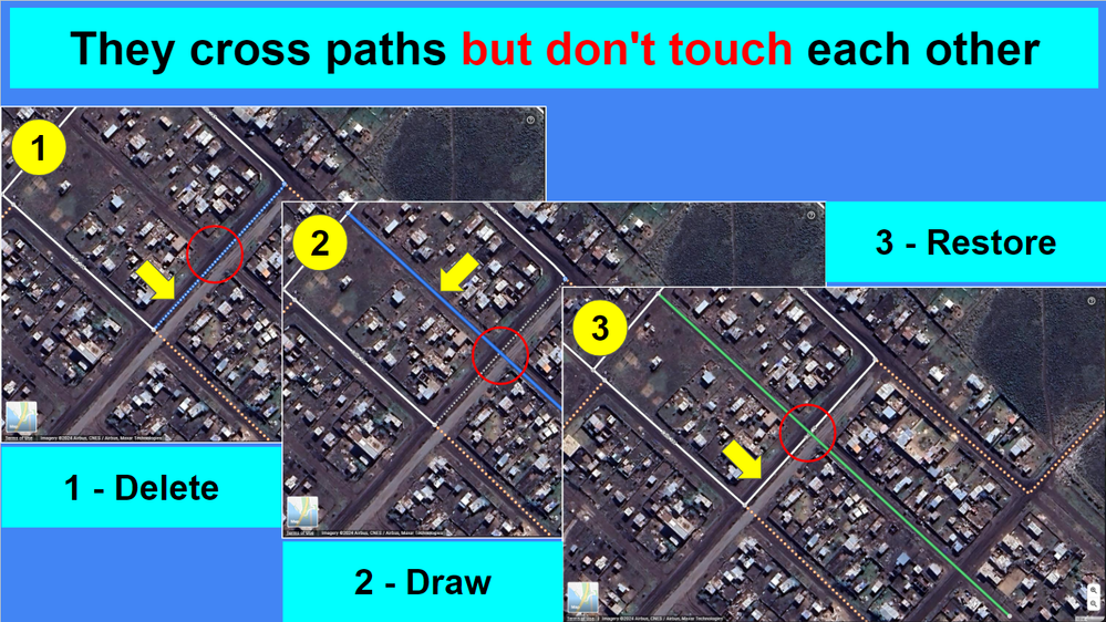 Caption: The image shows three Google Maps editor screens explaining adding a new road that passes over an existing road without intersecting it