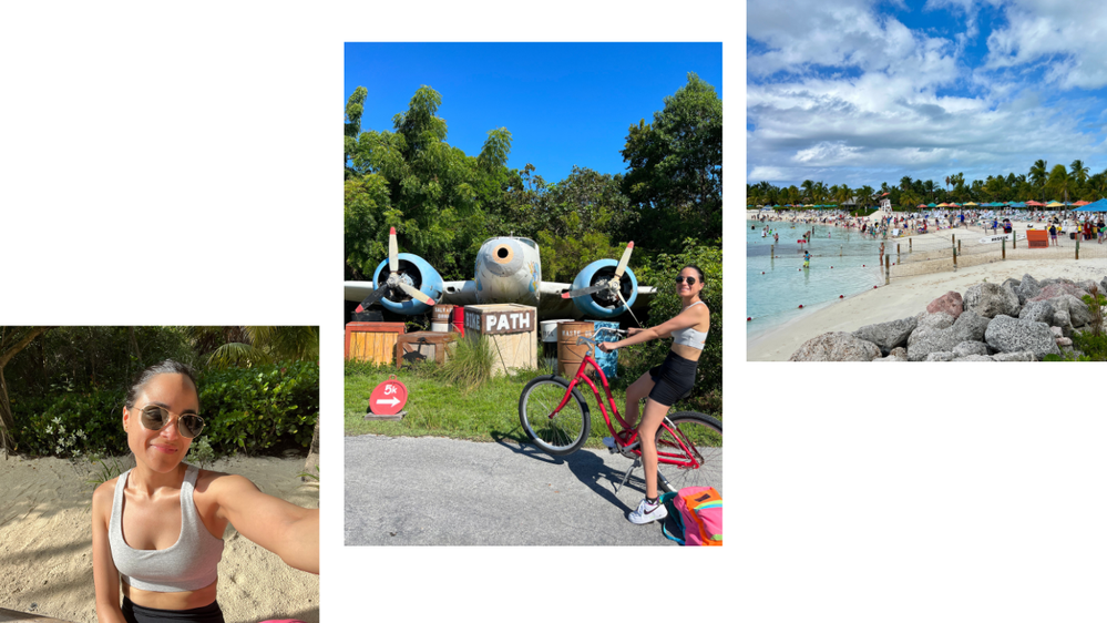 Caption: photo 1 is a selfie after the bike ride, photo 2  is at the bike tram, photo 3 is the family beach.