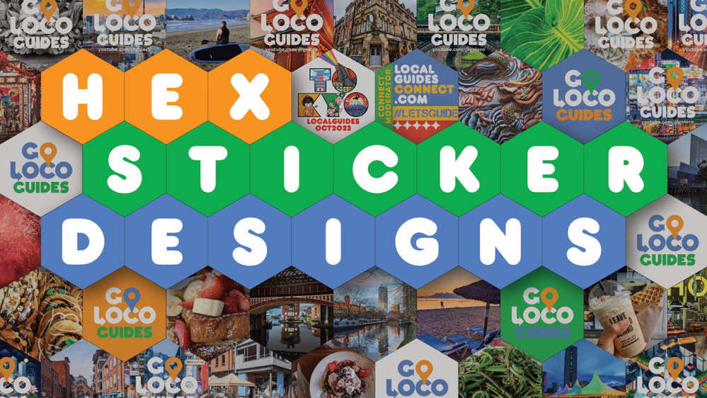 Caption: A colourful image comprising of multiple hex shaped designs with the title "hex sticker design" at the top.
