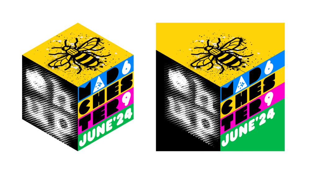 Caption: On the left is the original sticker design for #EuroMeetup2024. The sticker design has numerous elements; a bee, the text "eh up", the event logo comprising of the text "Madchester 6-9 June '24". And the design uses many bright colours. On the right is an image of the same design but with bleed through colours so that when the sticker is cut out, there are no white edges.