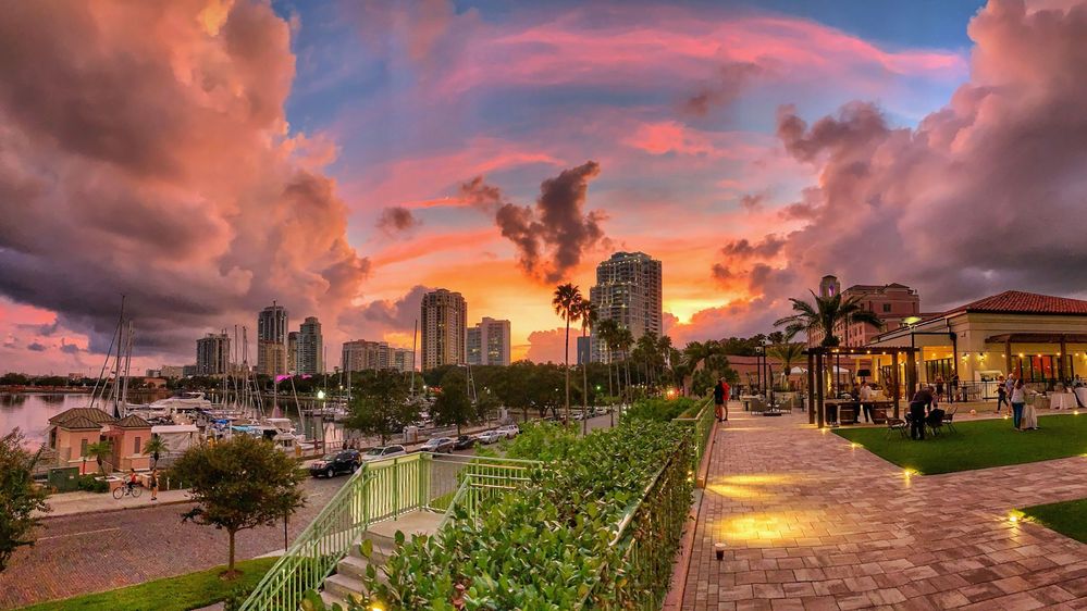 Caption: A panoramic view of the downtown St. Petersburg, FL skyline and the Vinoy Marina during sunset time (Photo by: @EvaBar)