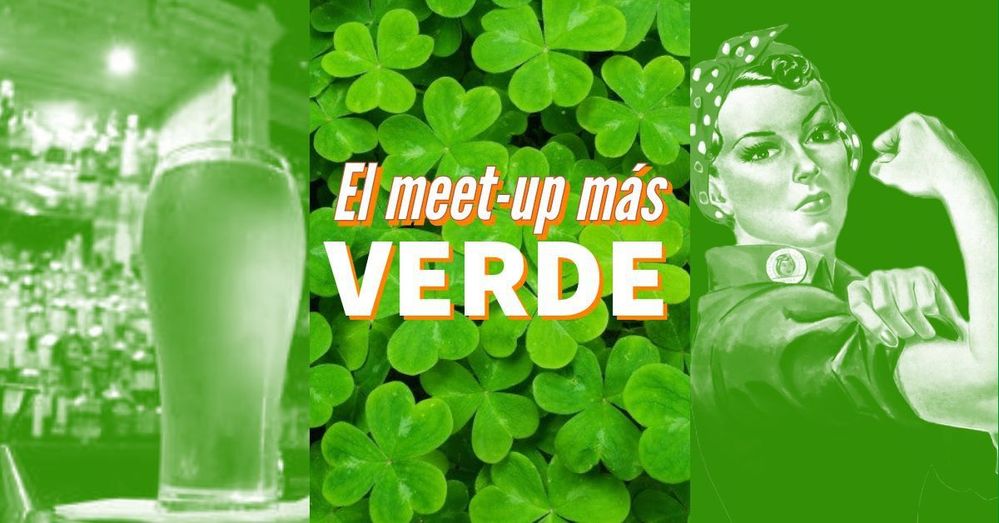 Subtítulo: Imagen de 3 fotos con tono verde y texto "el meet-up más verde" formando los colores de la bandera de Irlanda.