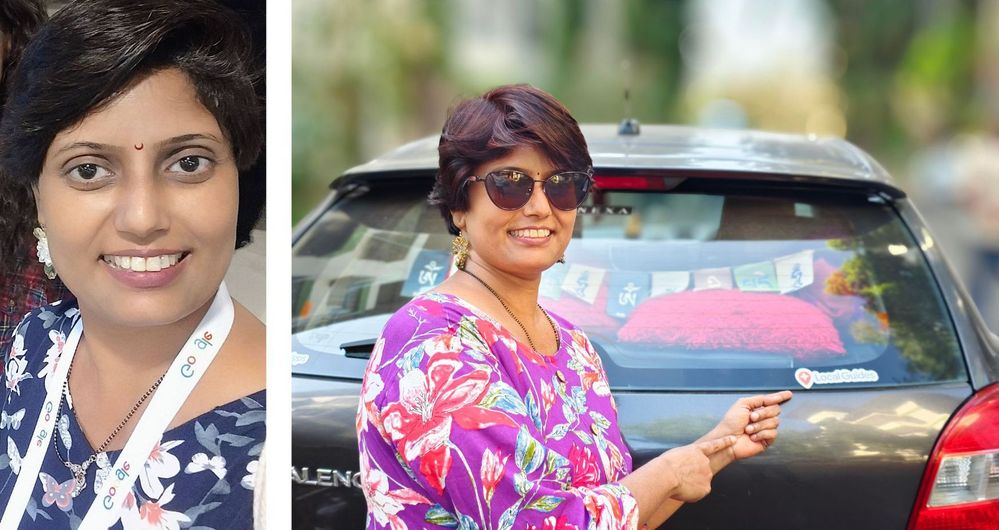 Caption: A collage of two photos of Local Guide Shruti wearing a lanyard with the Google logo (left) and pointing at a Local Guides sticker on the back of her car (right). (Courtesy of Local Guide @Shrut19)