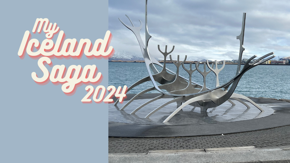 Caption: A picture of  The Sun Voyager on Reykjavik Harbourside, with the words My Iceland Saga 2024 superimposed