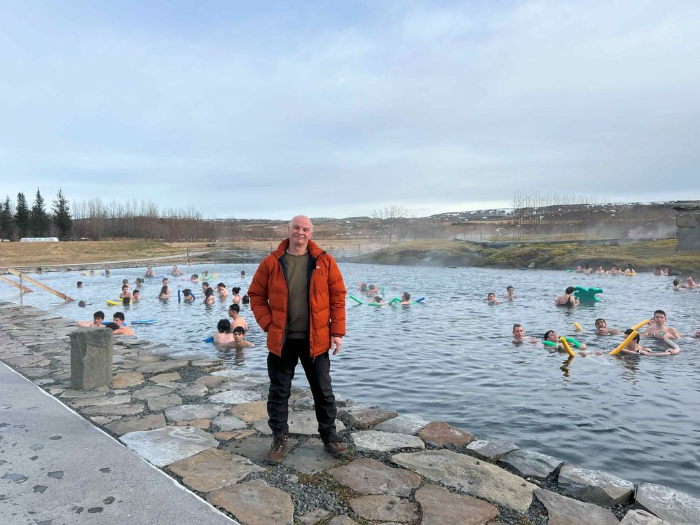 Caption: here is me, wrapped up to keep warm, after  90 minutes bathing in the lagoon heated by geothermal springs. Air temperature about 2C, water temperature 38C.
