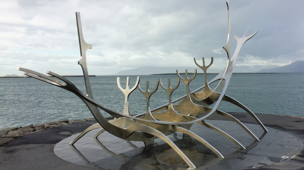 Caption: The beautiful stainless steel Sólfar, Sun Voyager sculpture in Reykjavik, Iceland