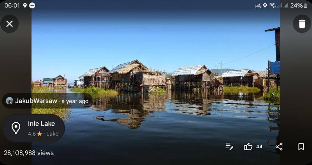 Caption: @JakubWarsaw's Star Photo of Inle Lake uploaded onto Google Maps on 2022-06-01 and showing star views of 28,108,988 as at 2024-03-28