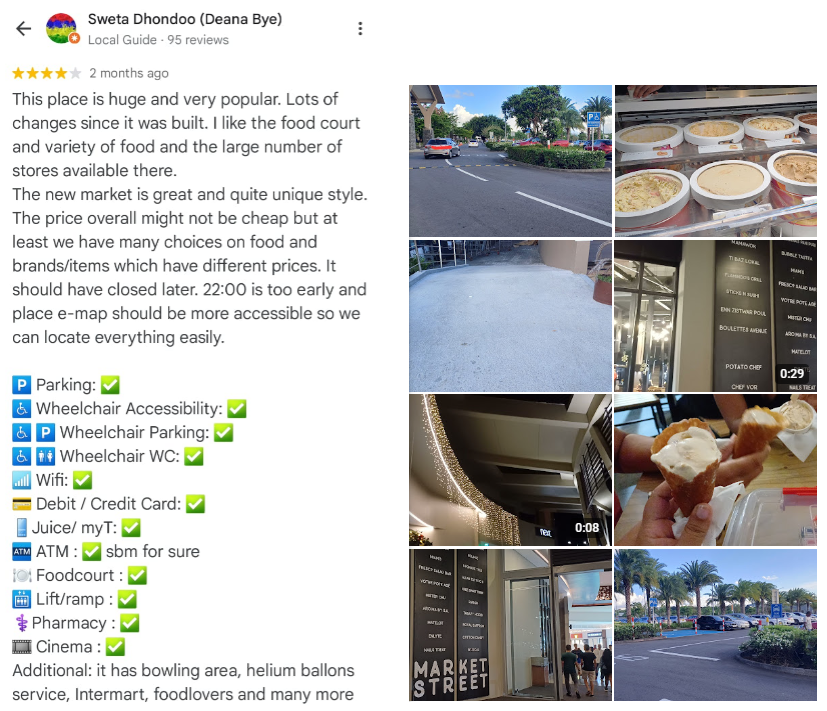 Caption: A screenshot of Sweta’s review and media contributions to the Bagatelle Mall of Mauritius. Her review includes a list with emojis that highlight the wheelchair-accessible facilities of the place. (Courtesy of Local Guide @Sweta Dhondoo)