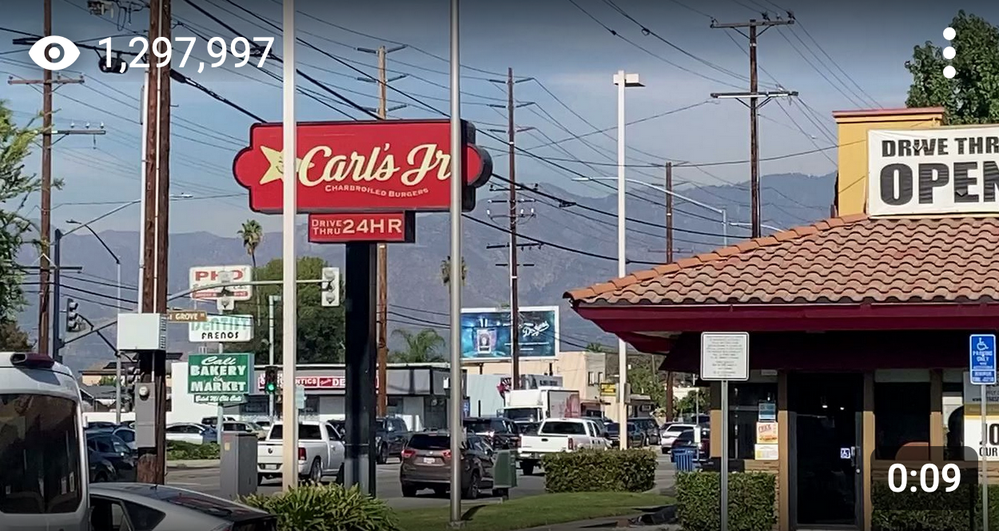 Caption: @MattGatlin's Star Video of Carl's Jr. uploaded onto Google Maps on 2022-11-18 and showing star views of 1,297,997 as at 2024-03-29