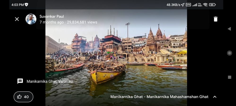 Caption: @suvankar_paul14's Star Photo of Manikarnika Ghat uploaded onto Google Maps on 2023-08-31 and showing star views of 29,834,681 as at 2024-01-31
