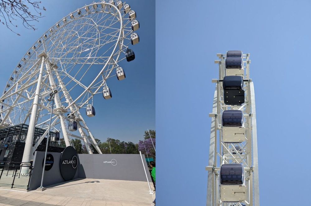Caption: (Left) Photo of the ferris wheel taken from the bottom, (Right) side shot of the ferris wheel where the capsules are on top of eachother. By LaloPadilla
