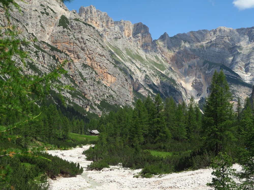 Inner part of Travenanzes valley and the "malga Travenanzes" in the background