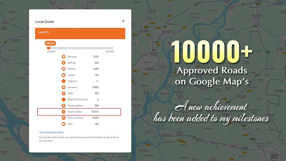 Caption: Screenshot of my contribution and written on this "10000+ approved roads on Google Maps: A new achievement has been added to my milestones".