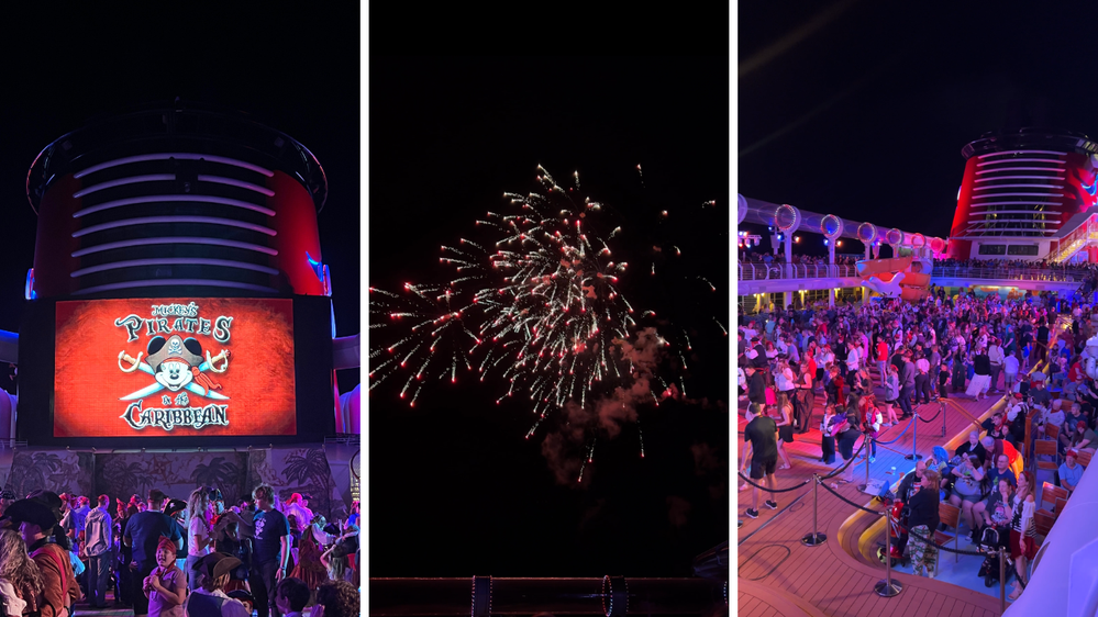 Caption: photo collage of the pirate's deck party and the fireworks.