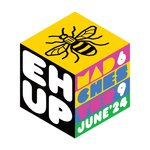 Caption: An image of the official #EuroMeetup2024 event sticker. It's in the shape of a hexagon and the design makes it look like a 3D box where three sides are shown with different designs on them; a bee representing Manchester, the text "Eh Up" , and the event logo comprising of "MADCHESTER 6-9 JUNE 2024".
