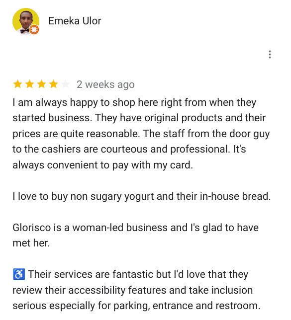 Caption: A screenshot of a part of @EmekaUlor’s review of the Glorisco Supermarket.