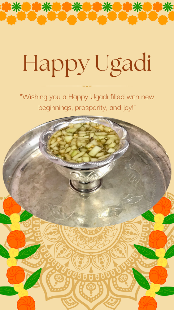 Caption: Photo creation by @PrasadVR with help of Canva showing Ugadi pachadi in silver bowel.