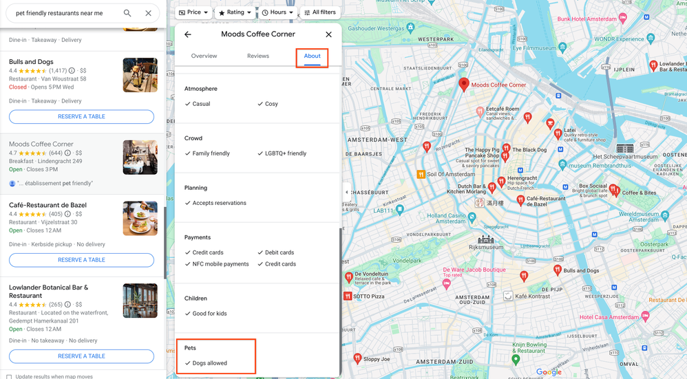 Caption: A screenshot of the search results for “pet-friendly restaurants near me” on Google Maps, with the About tab of the Moods Coffee Corner business listing open. There are two red rectangles: around the “About” tab in the top right corner of the listing and the “Pets: Dogs allowed” feature at the bottom of the listing.