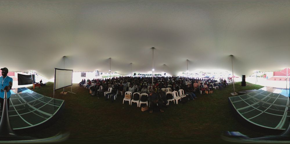 360 shot from the stand infront of over 400 attendees in a tent at Strathmore University, Nairobi