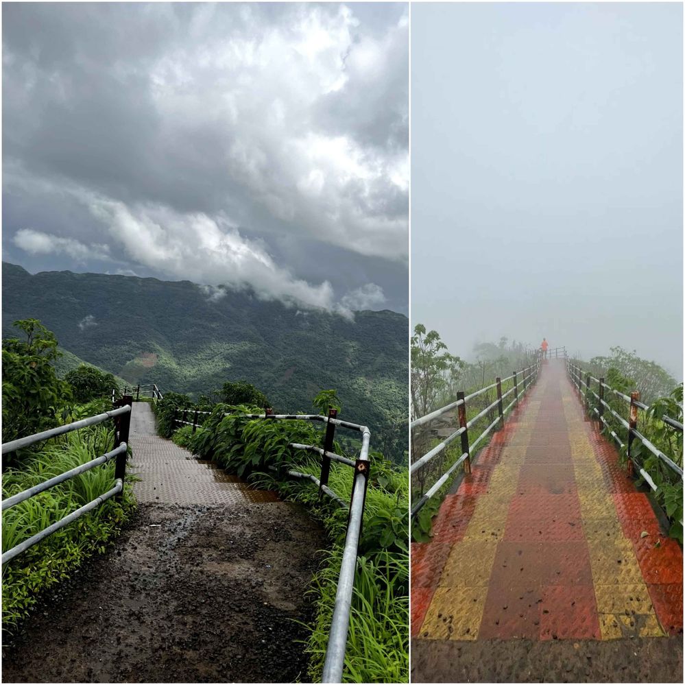 #3 This Phographs depicts a magnificent two different routes with different  angle clicks on top of a ghat, surrounded by clouds.