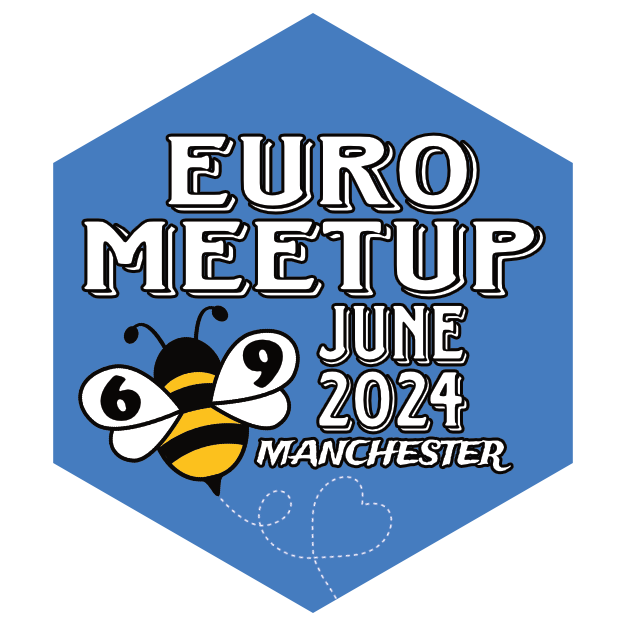 Caption: The winning design of the EuroMeetup Community Challenge by @Praniketmore. The design has a dark blue background, texts that read "EuroMeetup 6-9 June 2024 Manchester" and an image of a cartoon like bee.