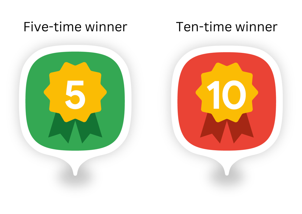 Caption: An illustration showing the two new Connect challenge badges: for winning three challenges (left) and for winning ten challenges (right). The Five-time Winner badge has a yellow ribbon with the number “5” inside and a green background; the Ten-time Winner badge has a yellow ribbon with a “10” inside and a red background.
